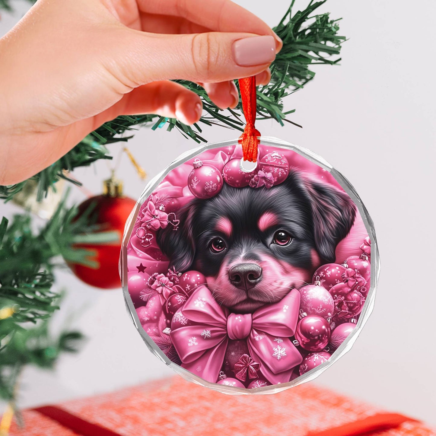 Christmas Rottweiler Dog Pink Christmas Design 1 Glass Ornament
