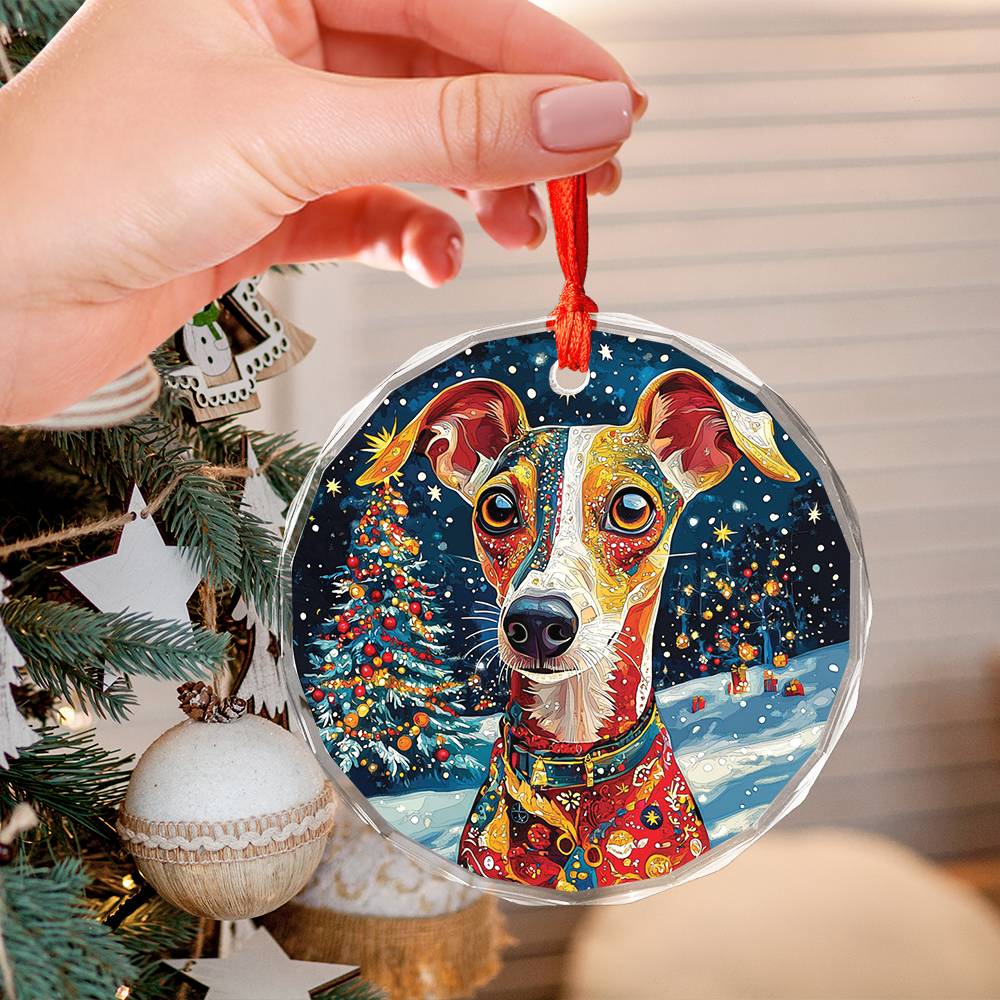 Beautiful Whippet Dog Christmas Night Design 4 Glass Ornament