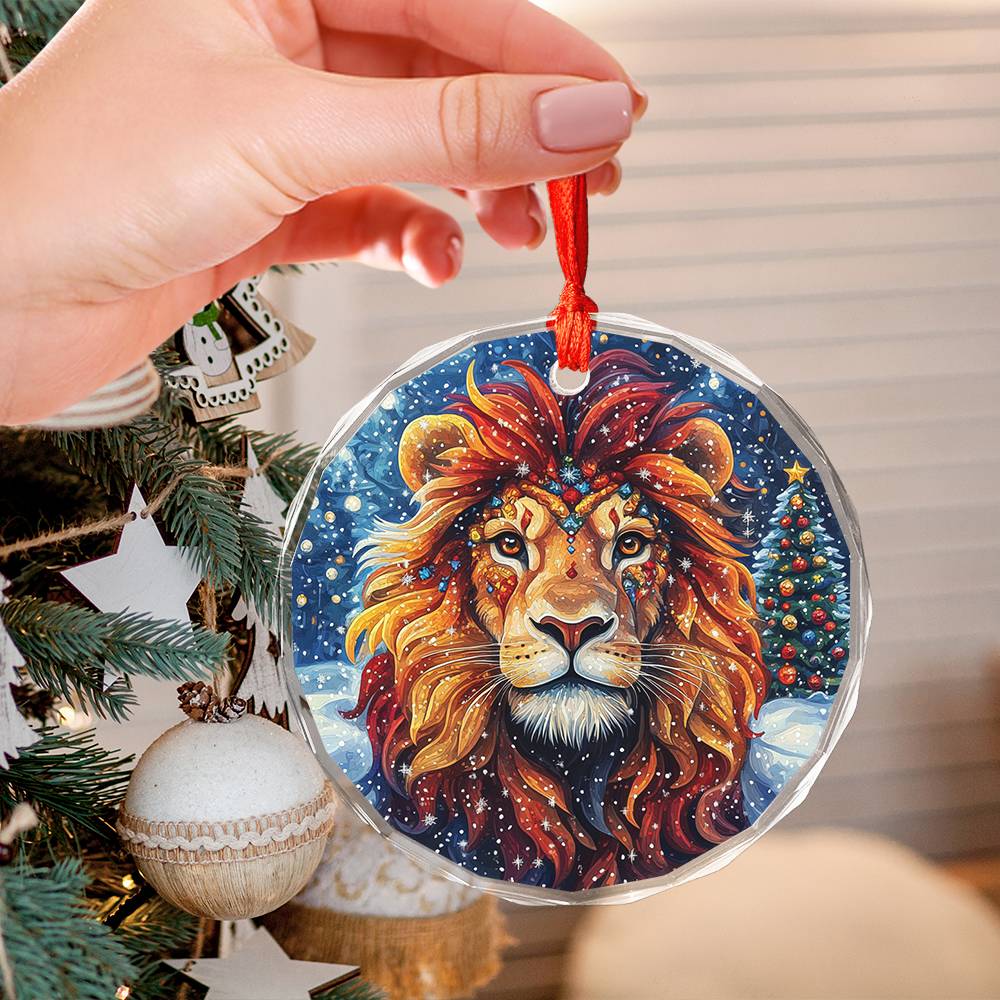 Beautiful Lion Christmas Night Design 1 Glass Ornament
