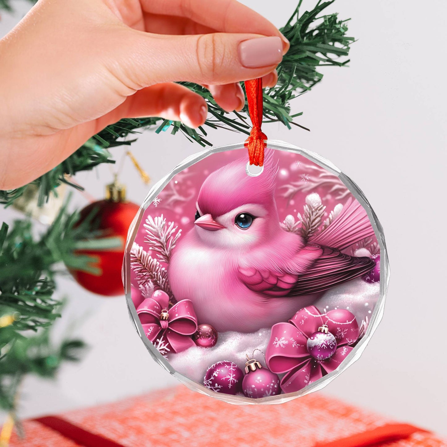 Songbird Pink Christmas Design 1 Glass Ornament