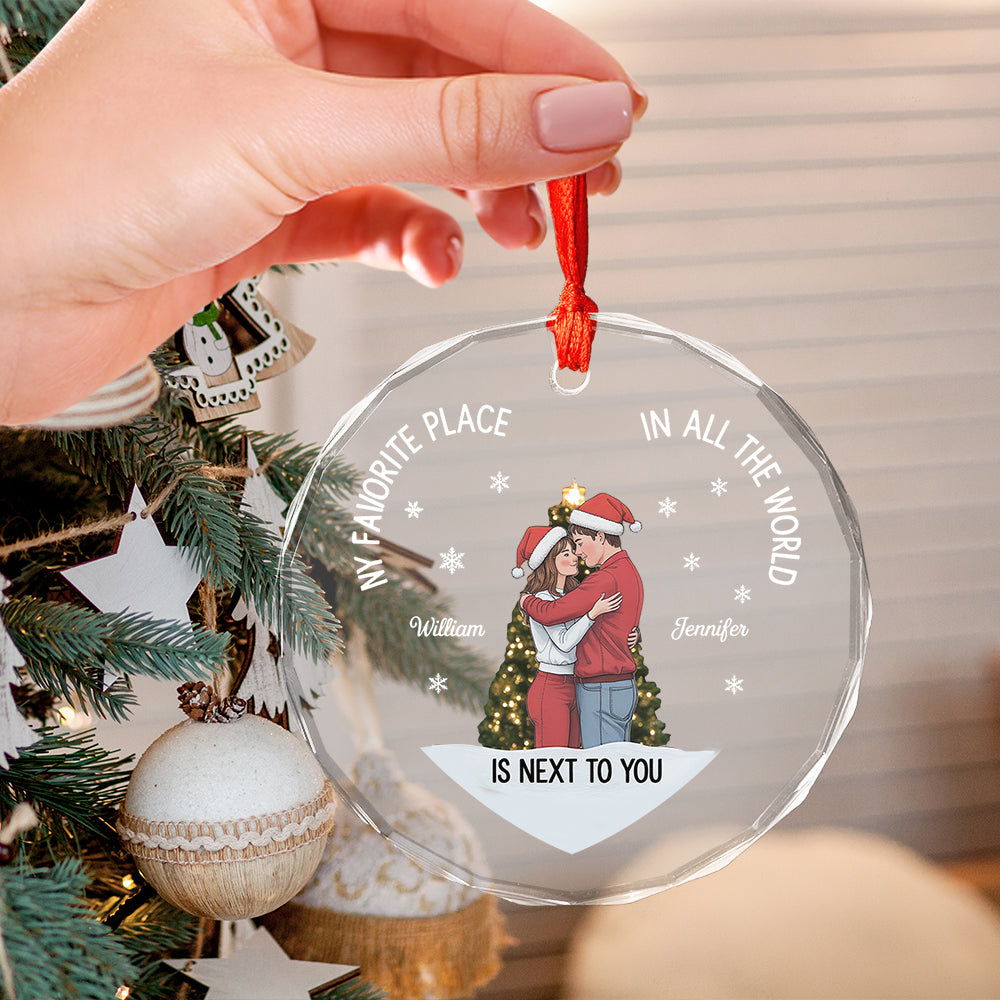 Christmas Couple Sideview You Are My Favorite By Far - Personalized Heart Glass Ornament4
