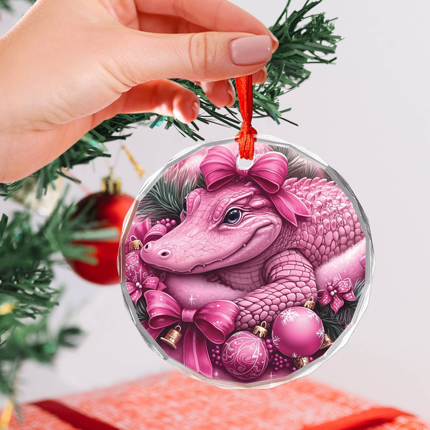 Alligator Pink Christmas Design 1 Glass Ornament
