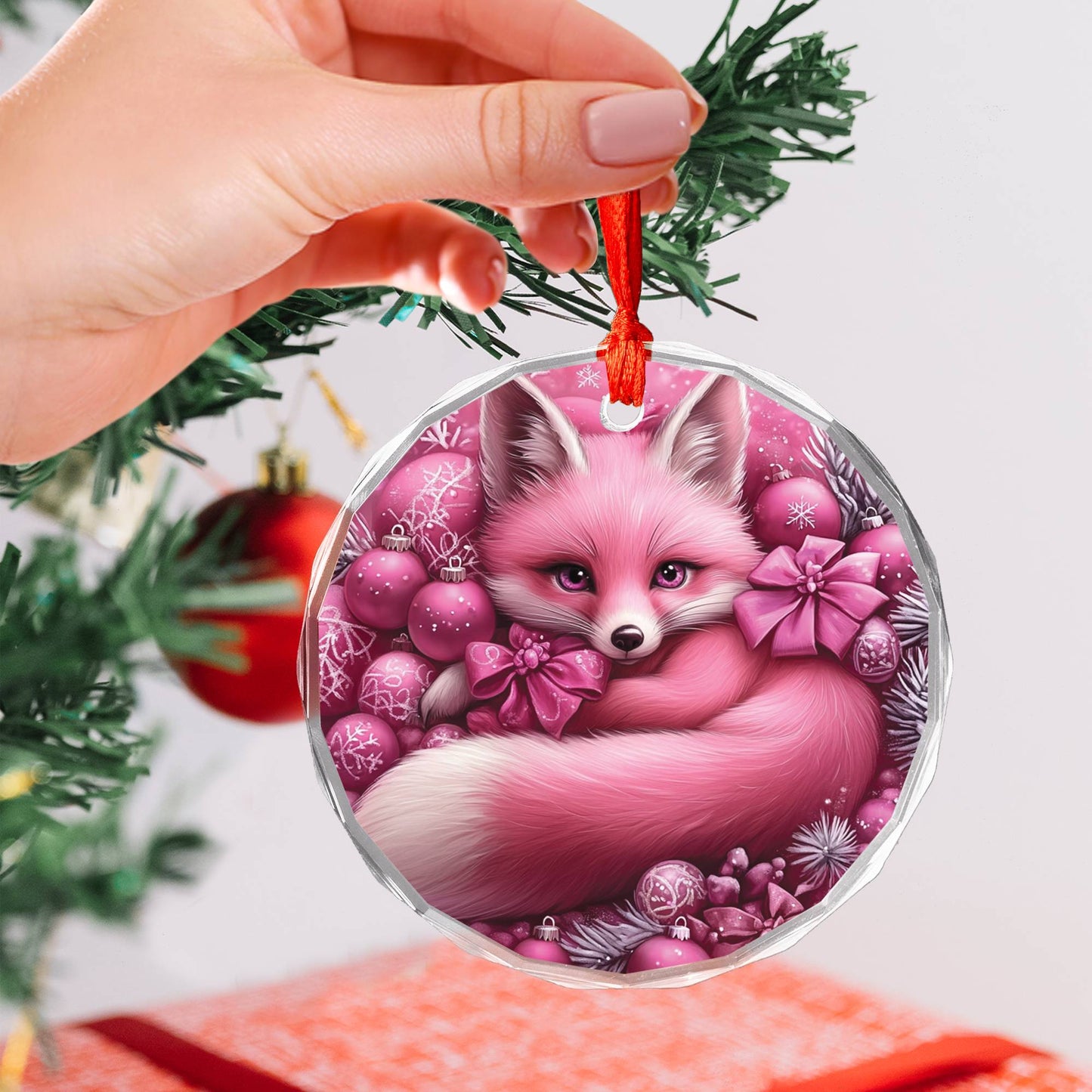 Fox Pink Christmas Design 1 Glass Ornament