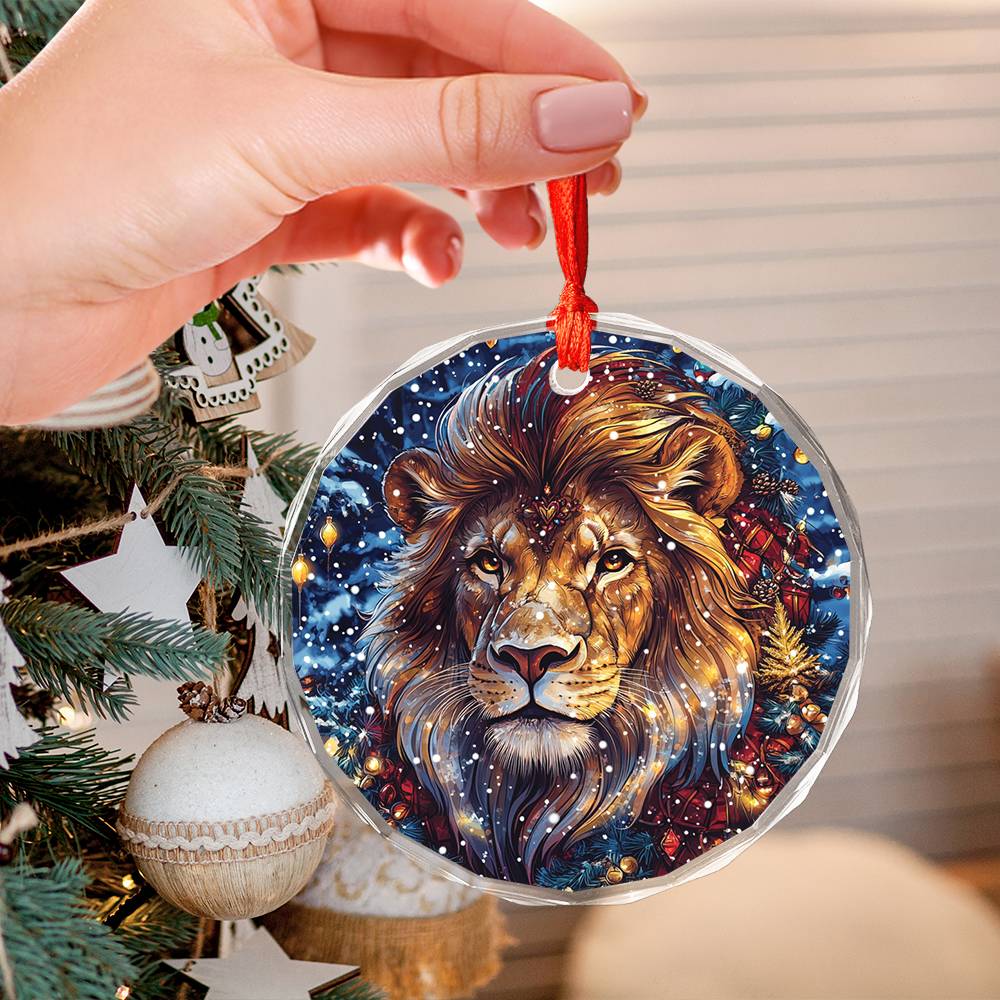 Beautiful Lion Christmas Night Design 3 Glass Ornament