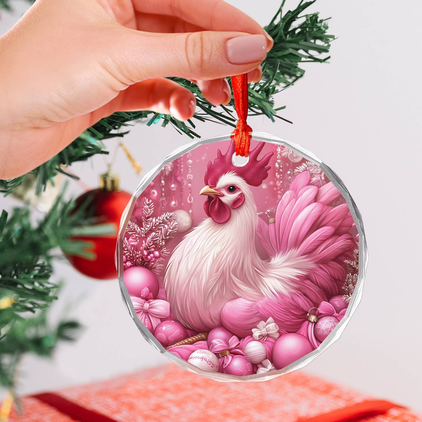 Rooster Pink Christmas Design 1 Glass Ornament