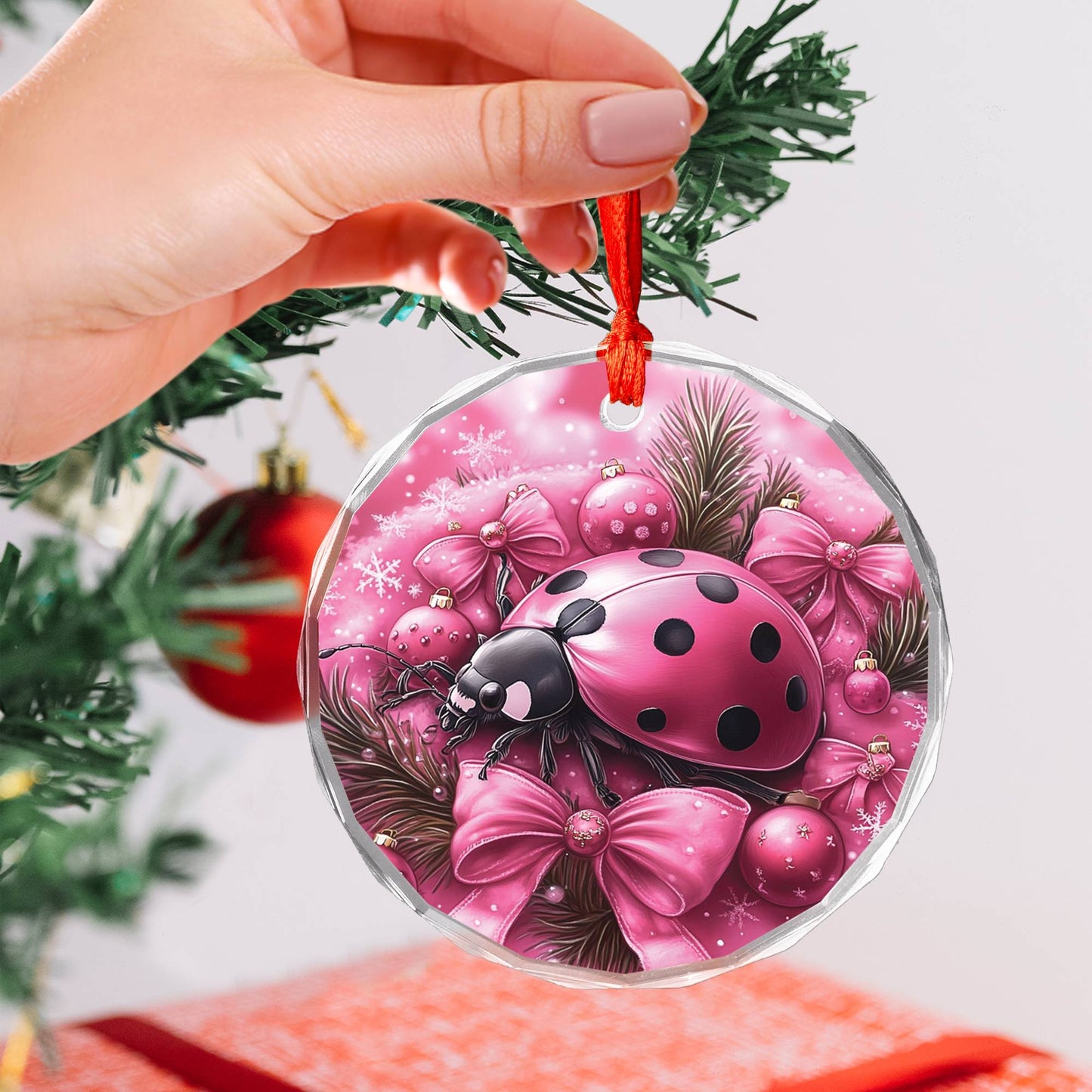 Ladybug Pink Christmas Design 4 Glass Ornament