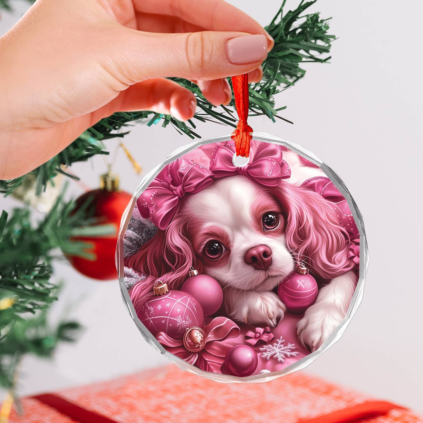 Cavalier King Charles Spaniel Dog Pink Christmas Design 2 Glass Ornament