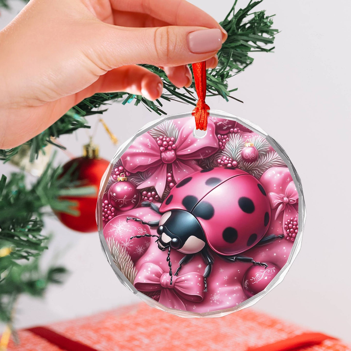 Ladybug Pink Christmas Design 2 Glass Ornament