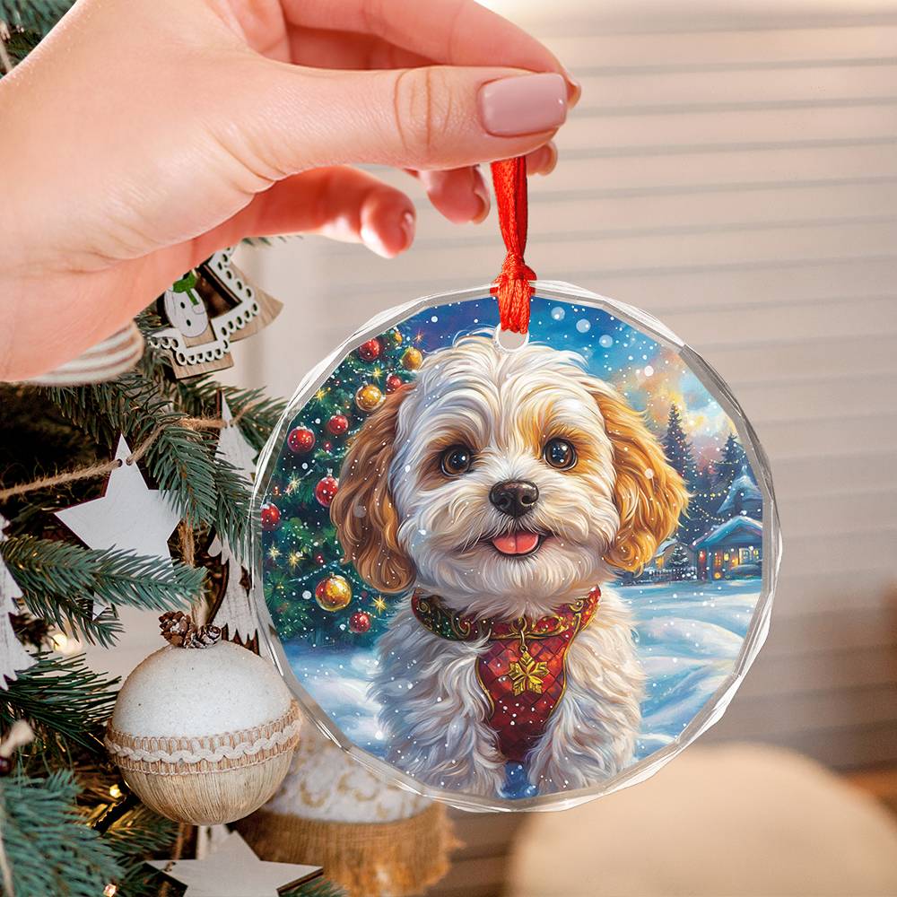 Beautiful Havanese Dog Christmas Night Design 2 Glass Ornament