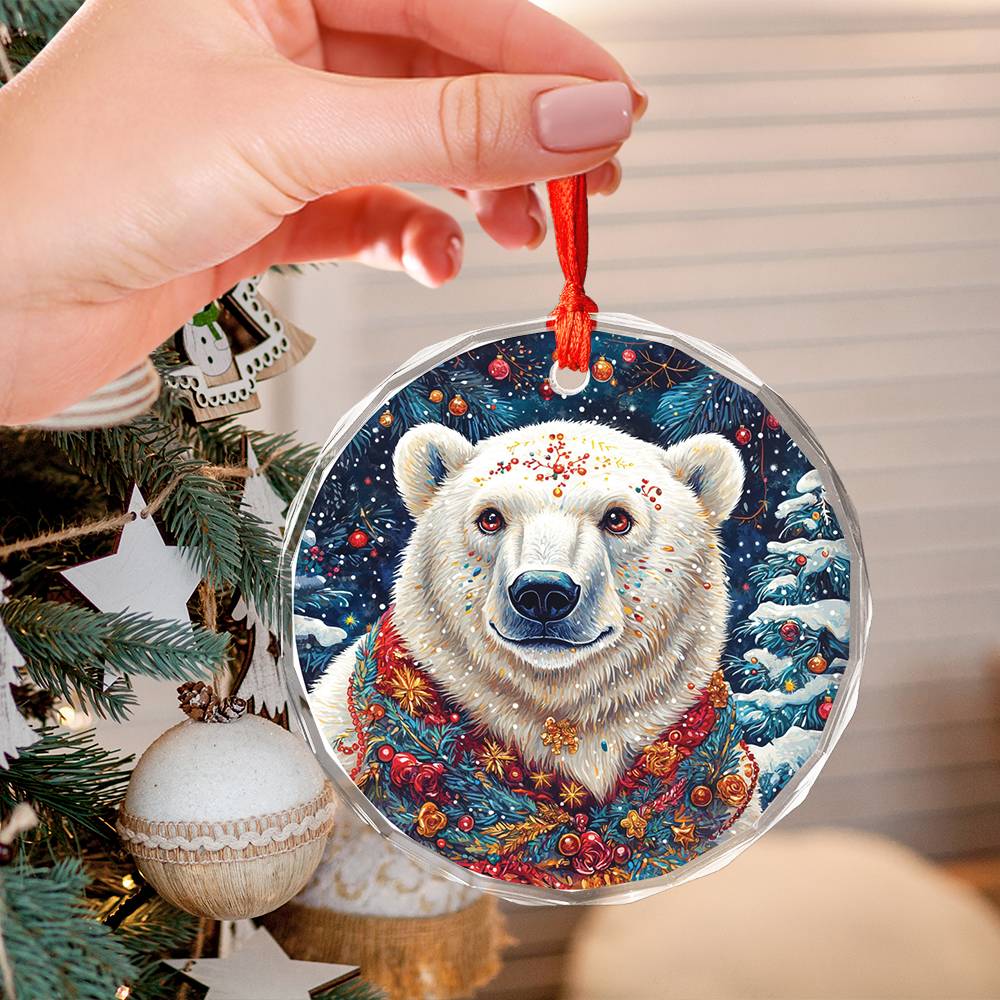 Beautiful Angus Polar Bear Christmas Night Design 2 Glass Ornament