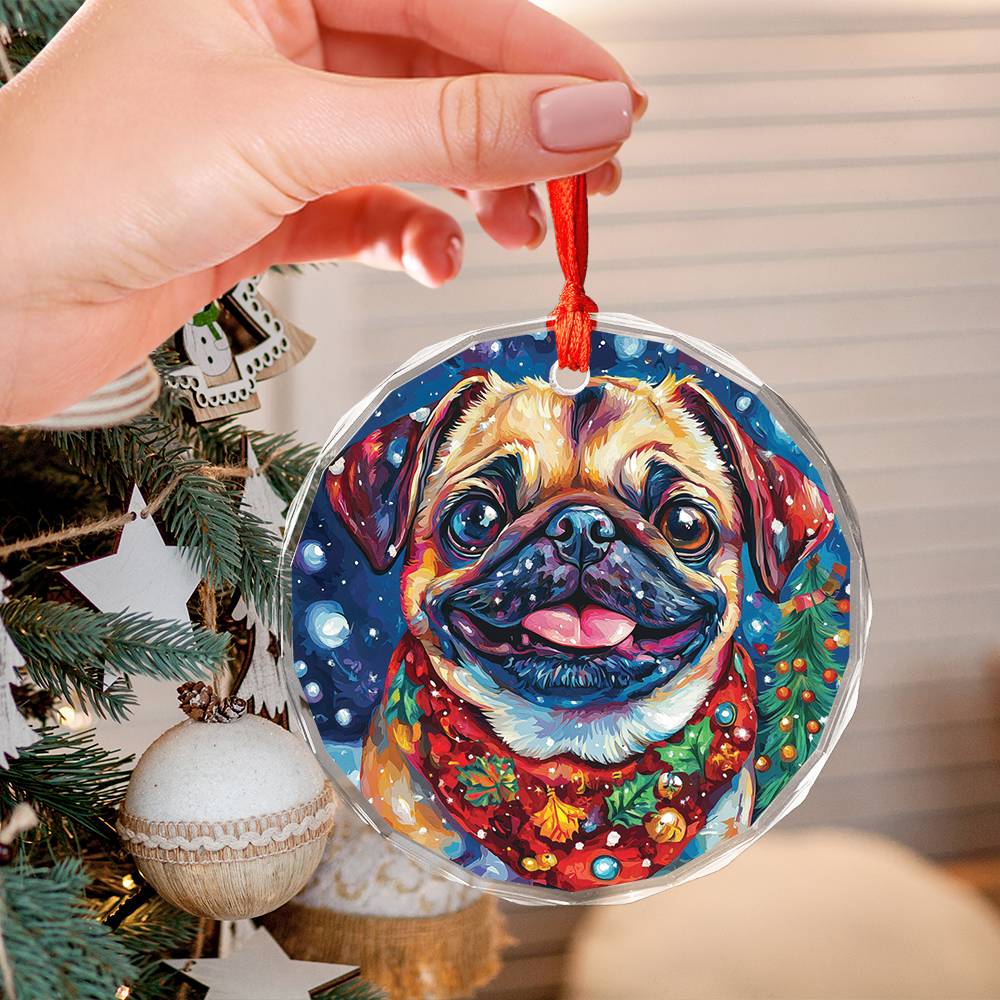 Beautiful Pug Dog Christmas Night Design 2 Glass Ornament