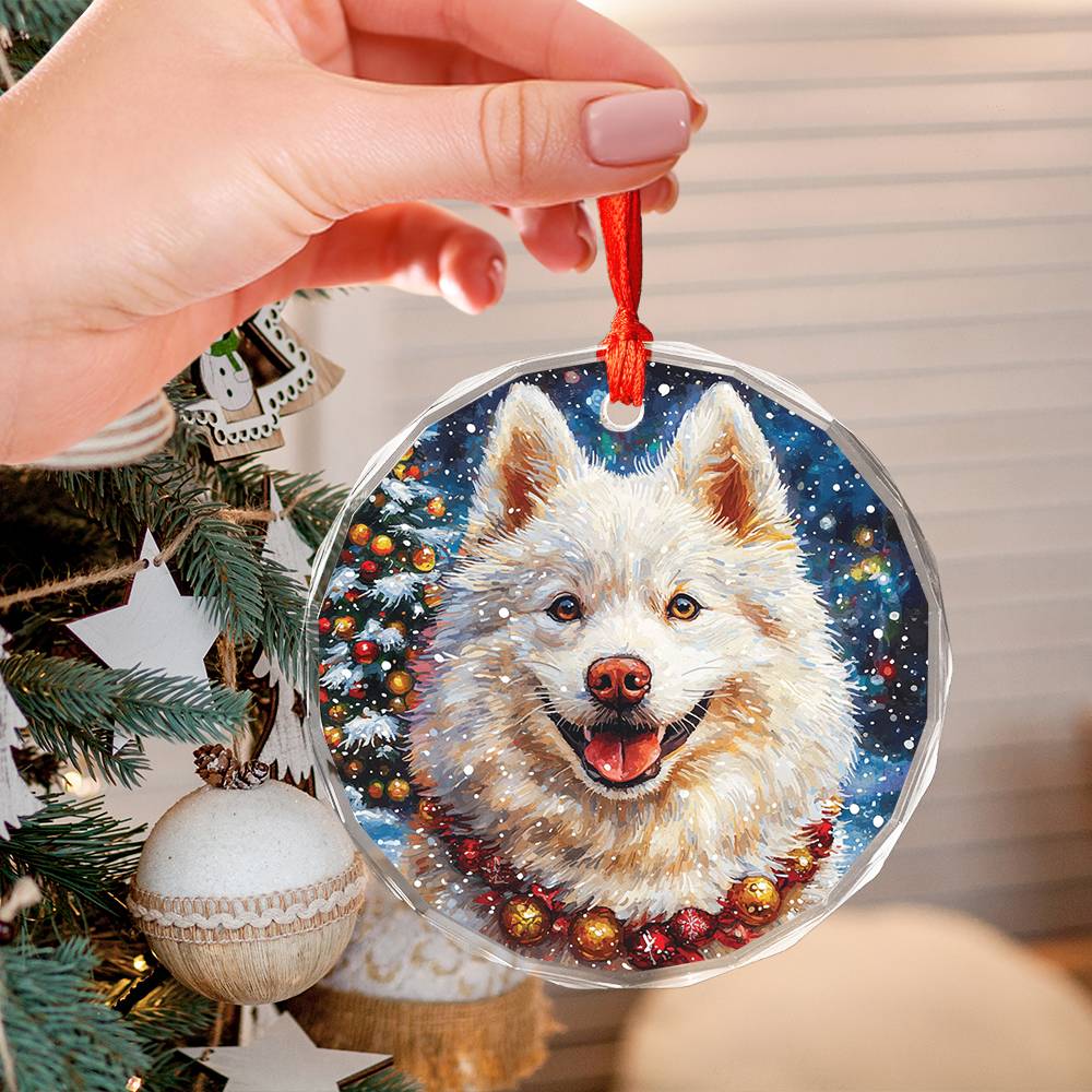 Beautiful Samoyed Dog Christmas Night Design 4 Glass Ornament