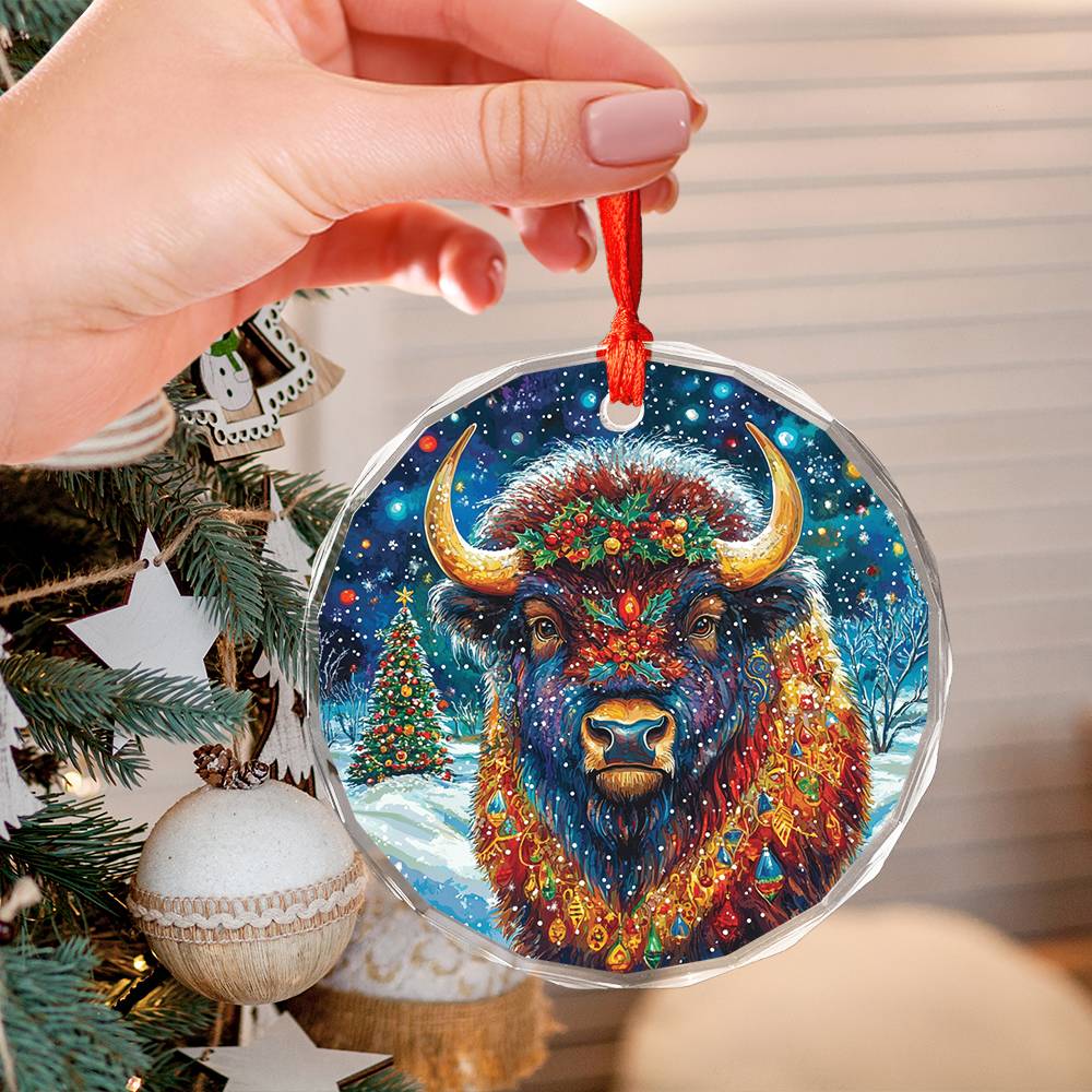 Beautiful Bison Christmas Night Design 1 Glass Ornament