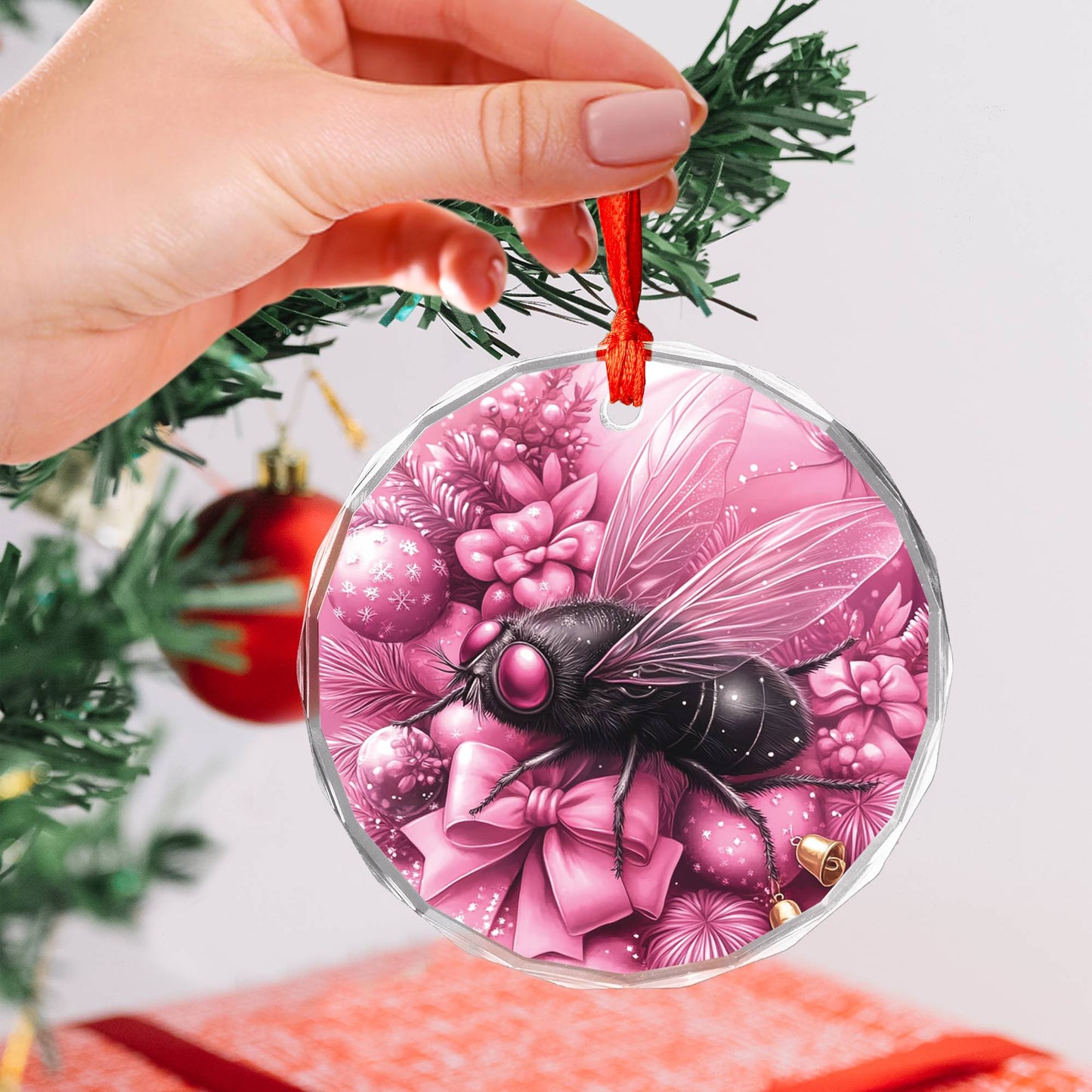 Fly Pink Christmas Design 1 Glass Ornament