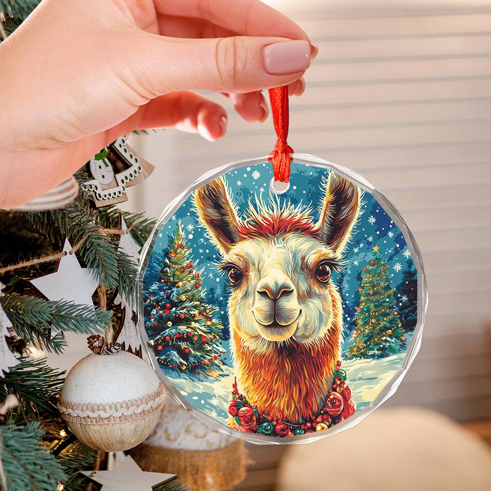 Beautiful Llama Christmas Night Design 1 Glass Ornament