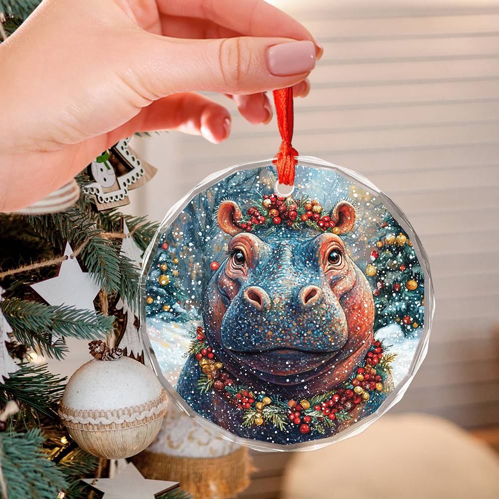 Beautiful Hippo Christmas Night Design 1 Glass Ornament