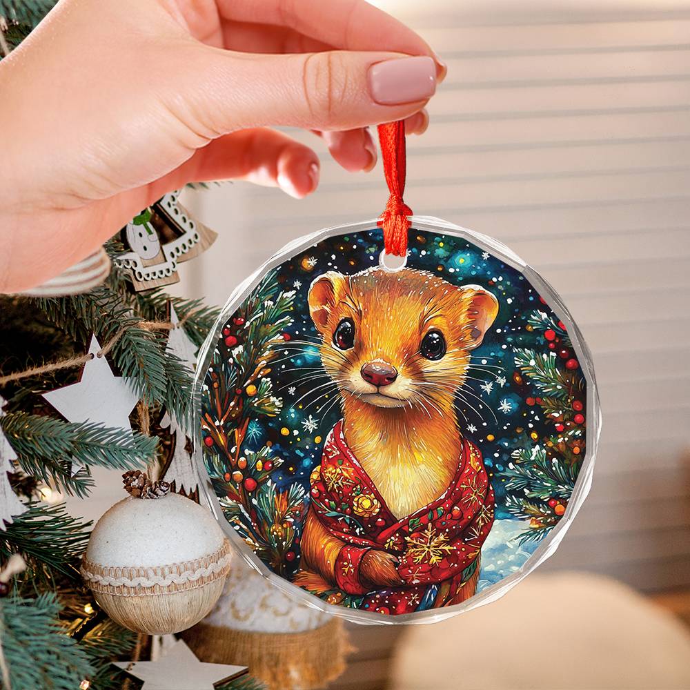 Beautiful Angus Weasel Christmas Night Design 3 Glass Ornament