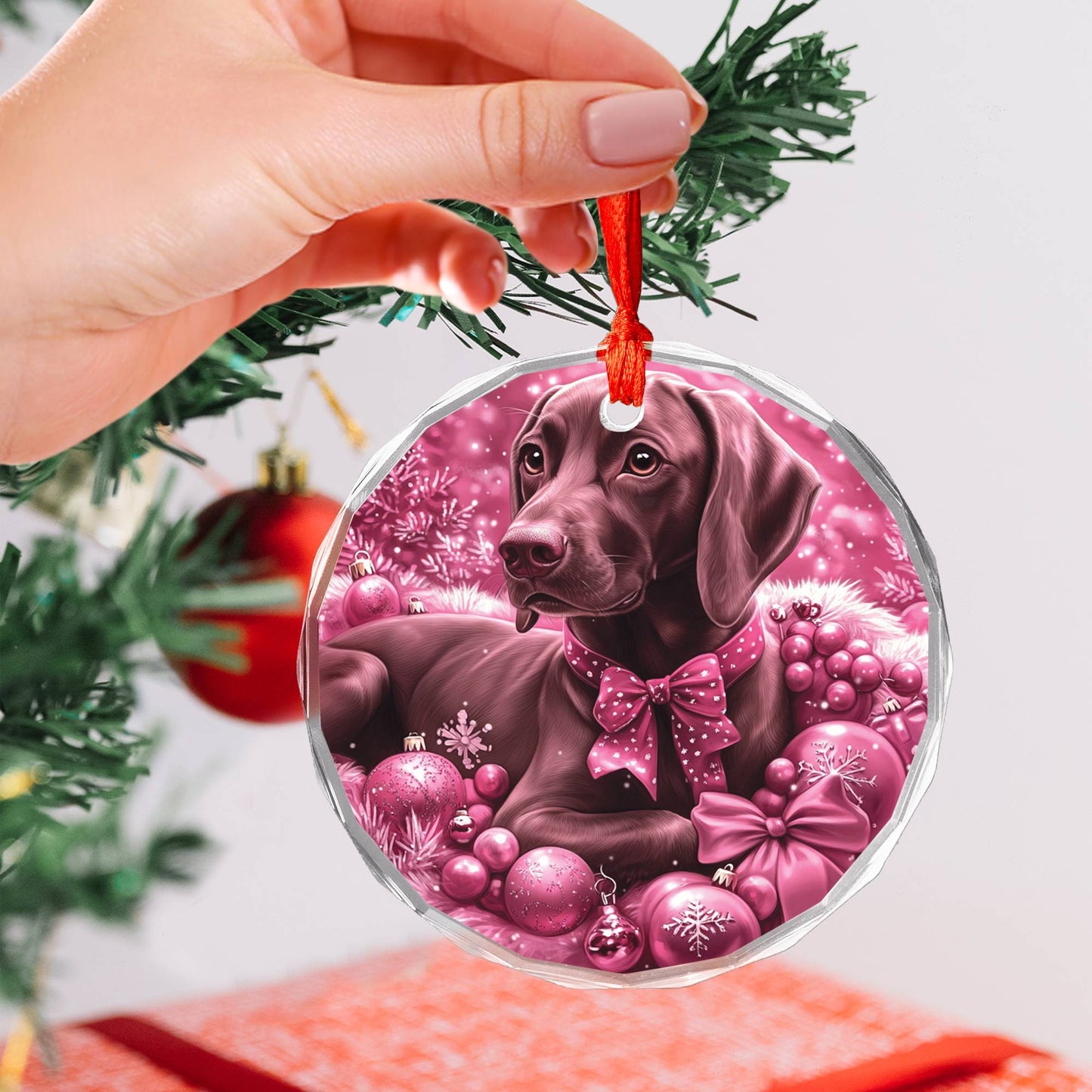 German Shorthaired Pointer Dog Pink Christmas Design 1 Glass Ornament