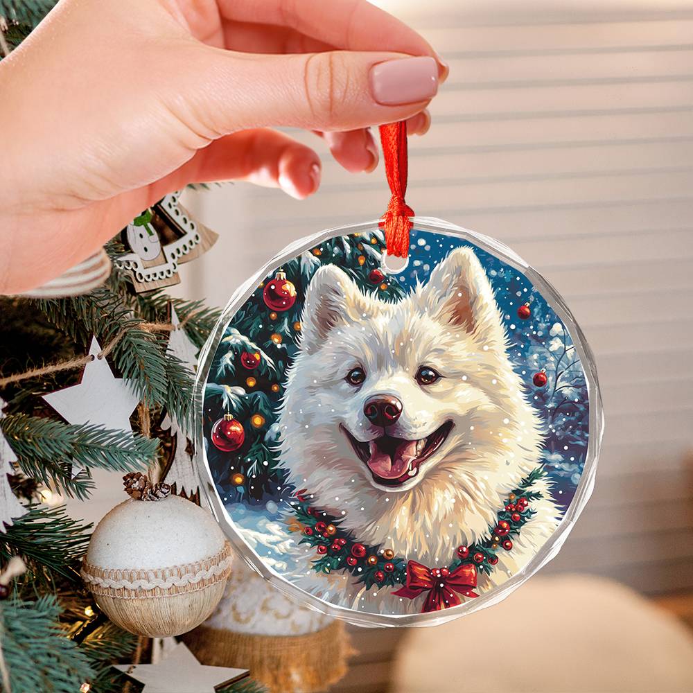 Beautiful Samoyed Dog Christmas Night Design 2 Glass Ornament