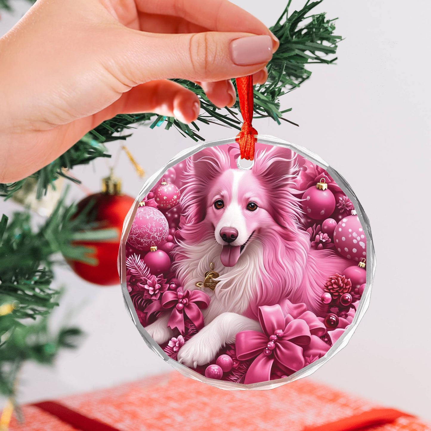 Collie Dog Pink Christmas Design 1 Glass Ornament