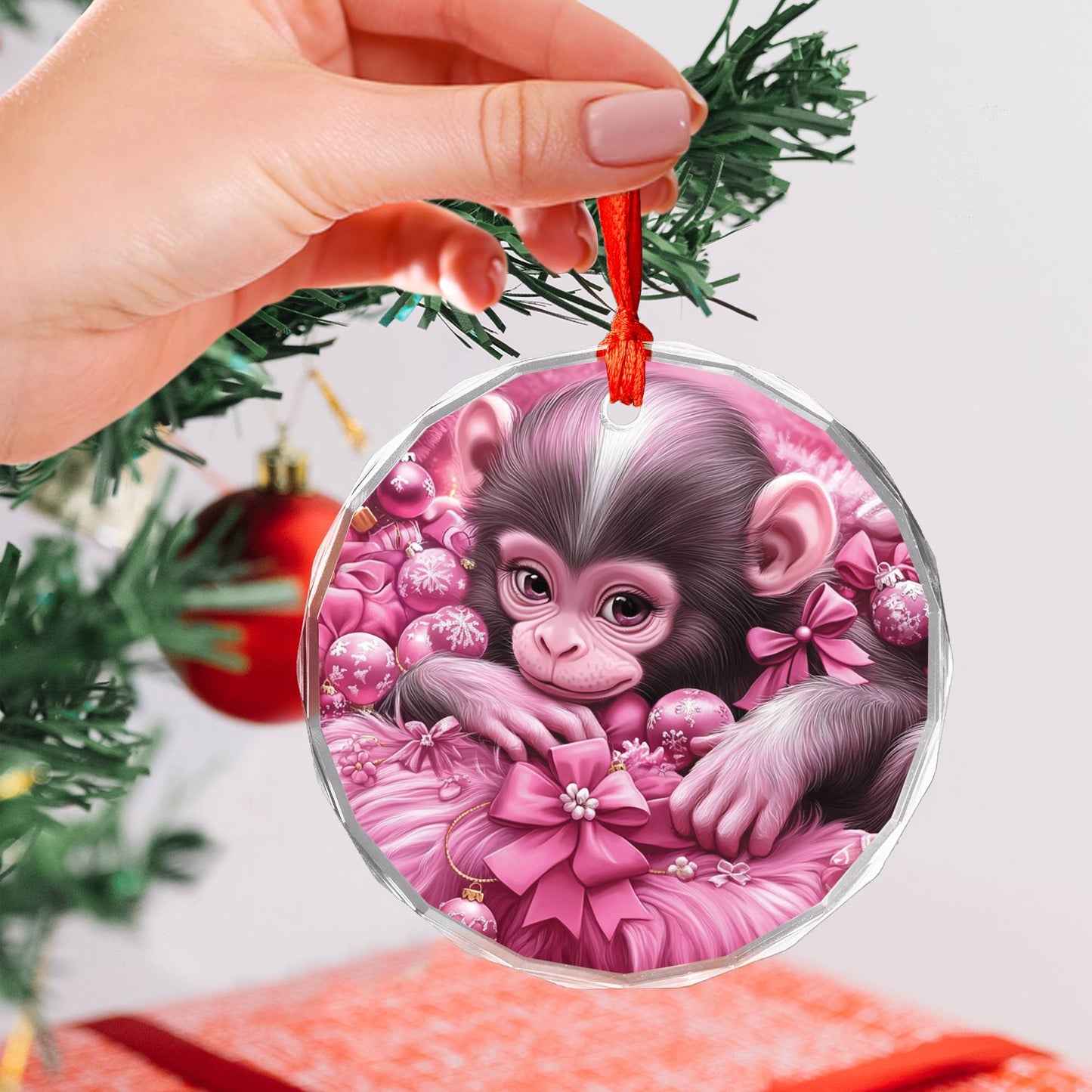 Monkey Pink Christmas Design 1 Glass Ornament