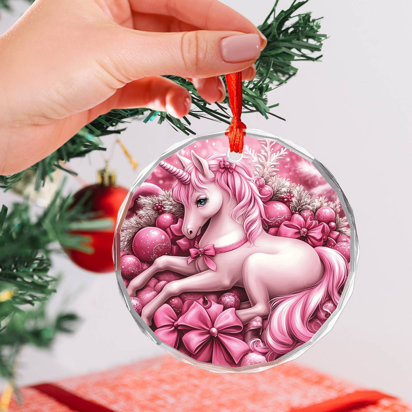 Unicorn Pink Christmas Design 2 Glass Ornament