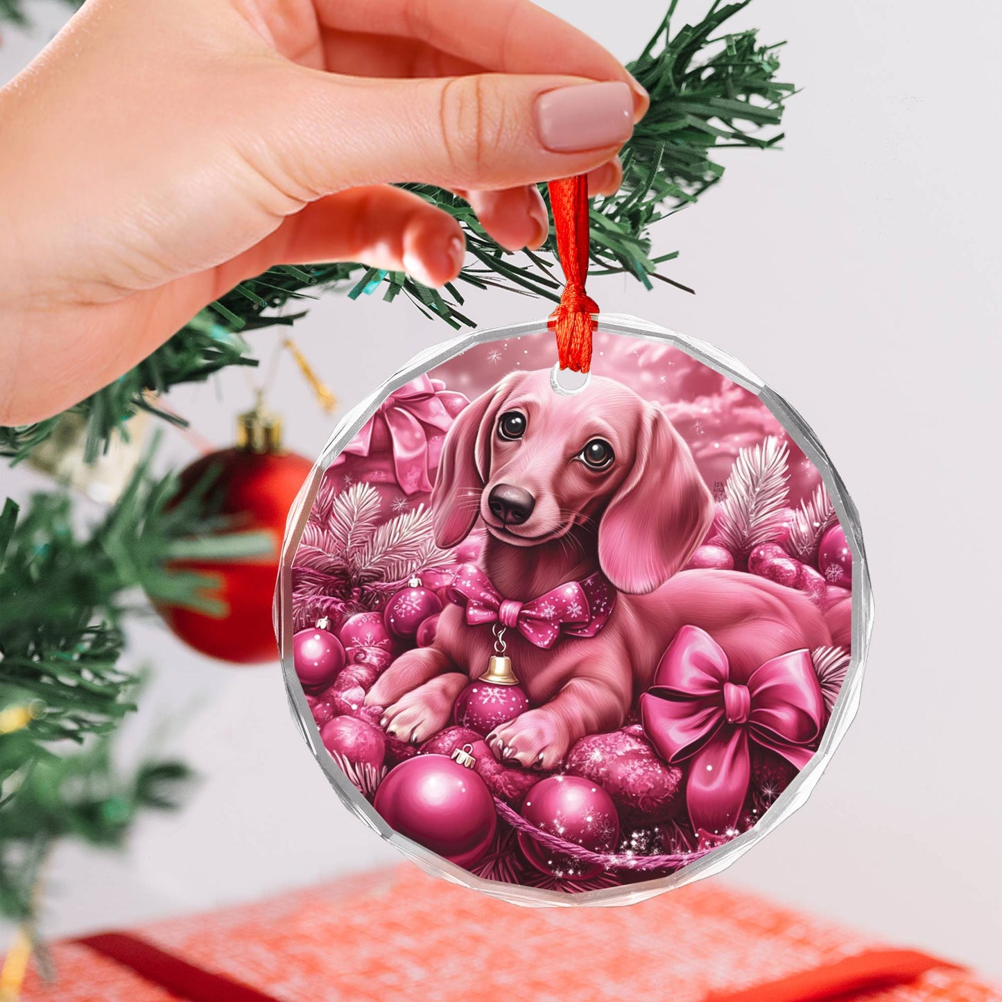Dachshund Dog Pink Christmas Design 1 Glass Ornament