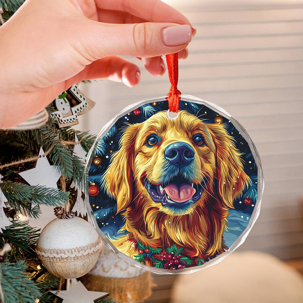 Beautiful Golden Retriever Dog Christmas Night Design 2 Glass Ornament