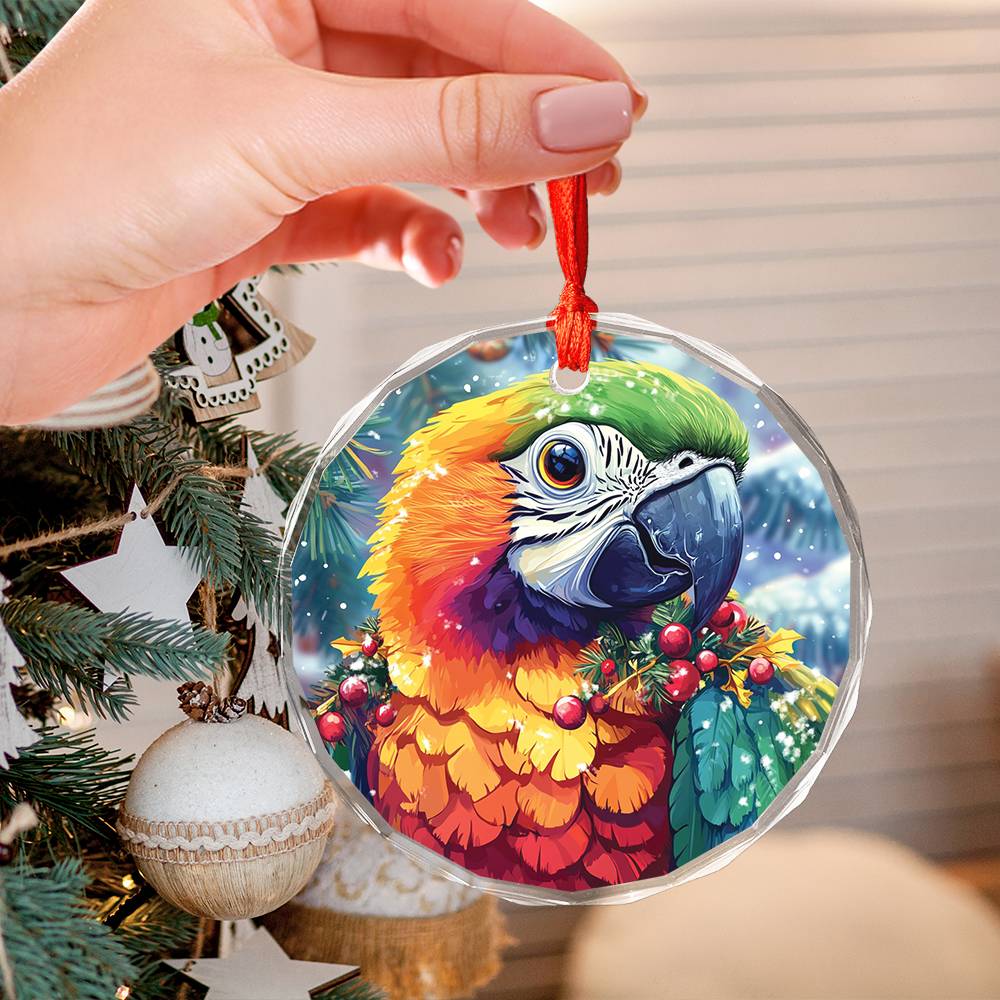 Beautiful Parrot Christmas Night Design 3 Glass Ornament