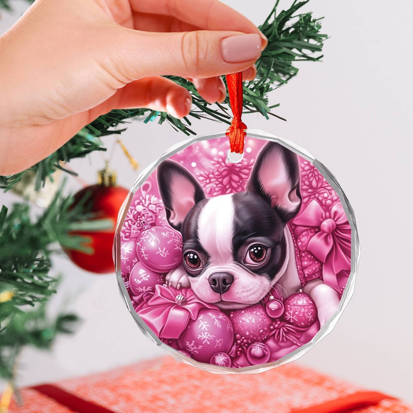 Boston Terrier Dog Pink Christmas Design 3 Glass Ornament
