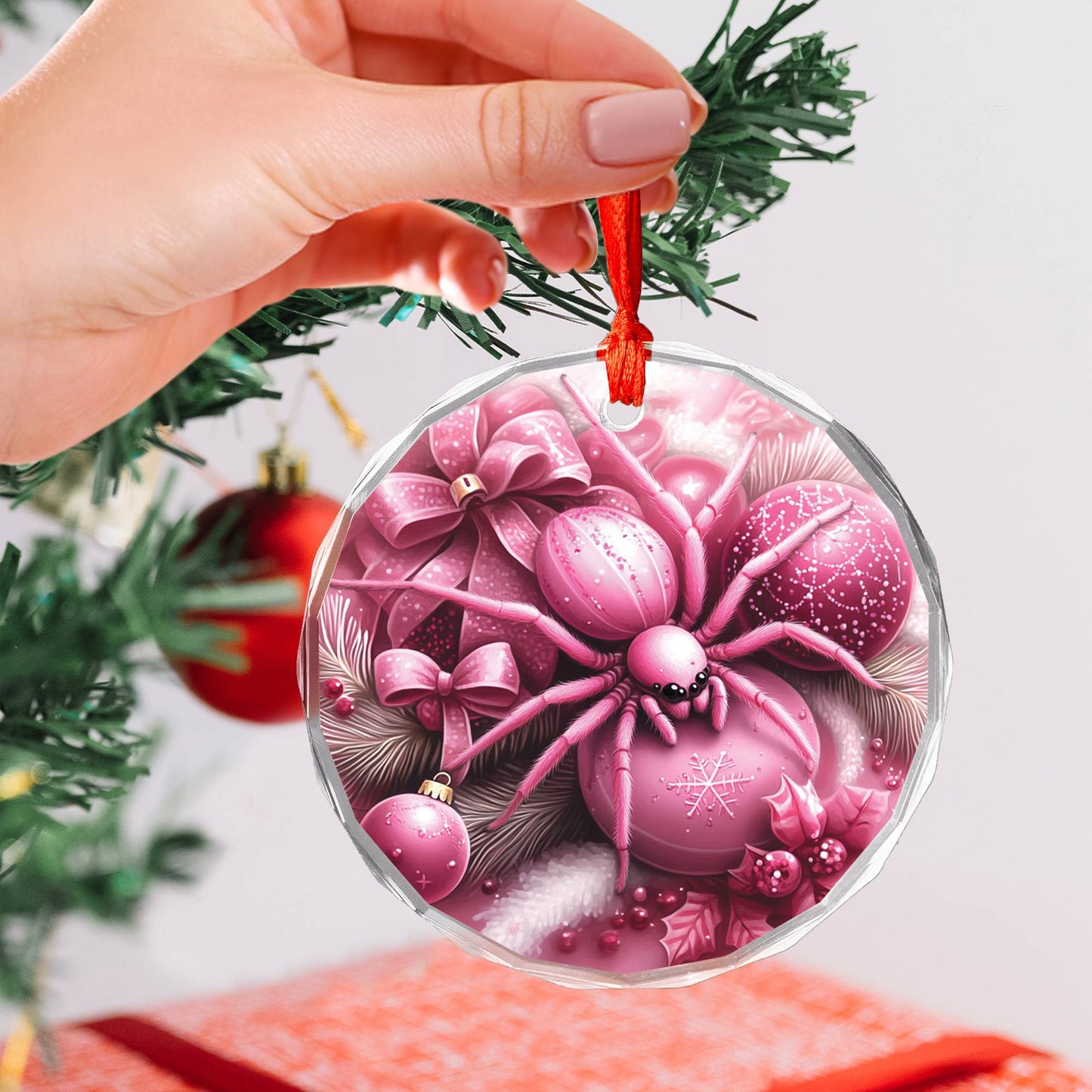 Spider Pink Christmas Design 4 Glass Ornament