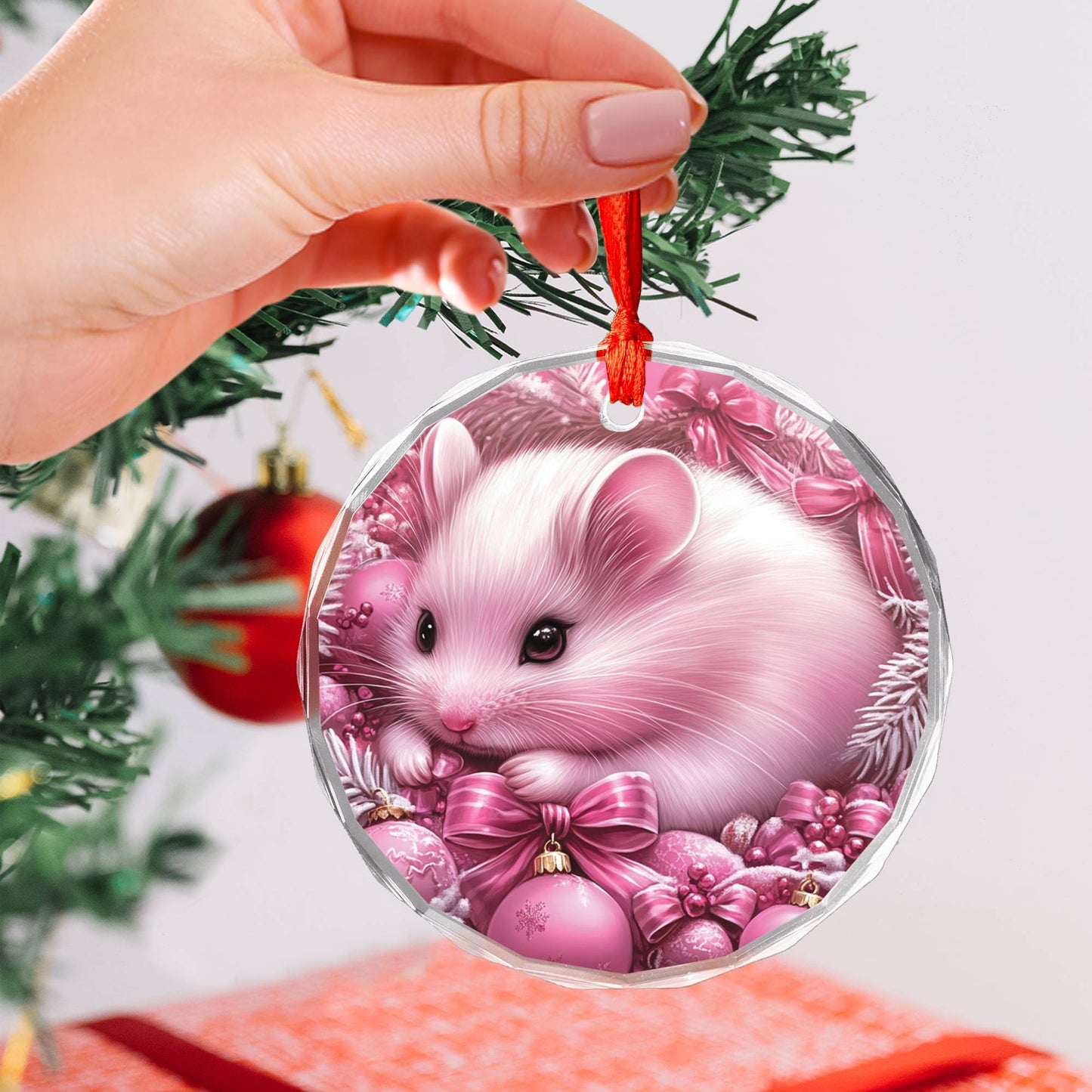 Hamster Pink Christmas Design 2 Glass Ornament