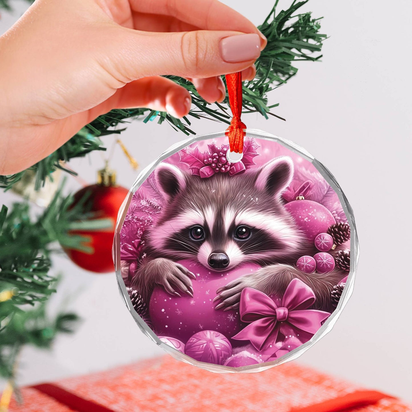 Racoon Pink Christmas Design 3 Glass Ornament