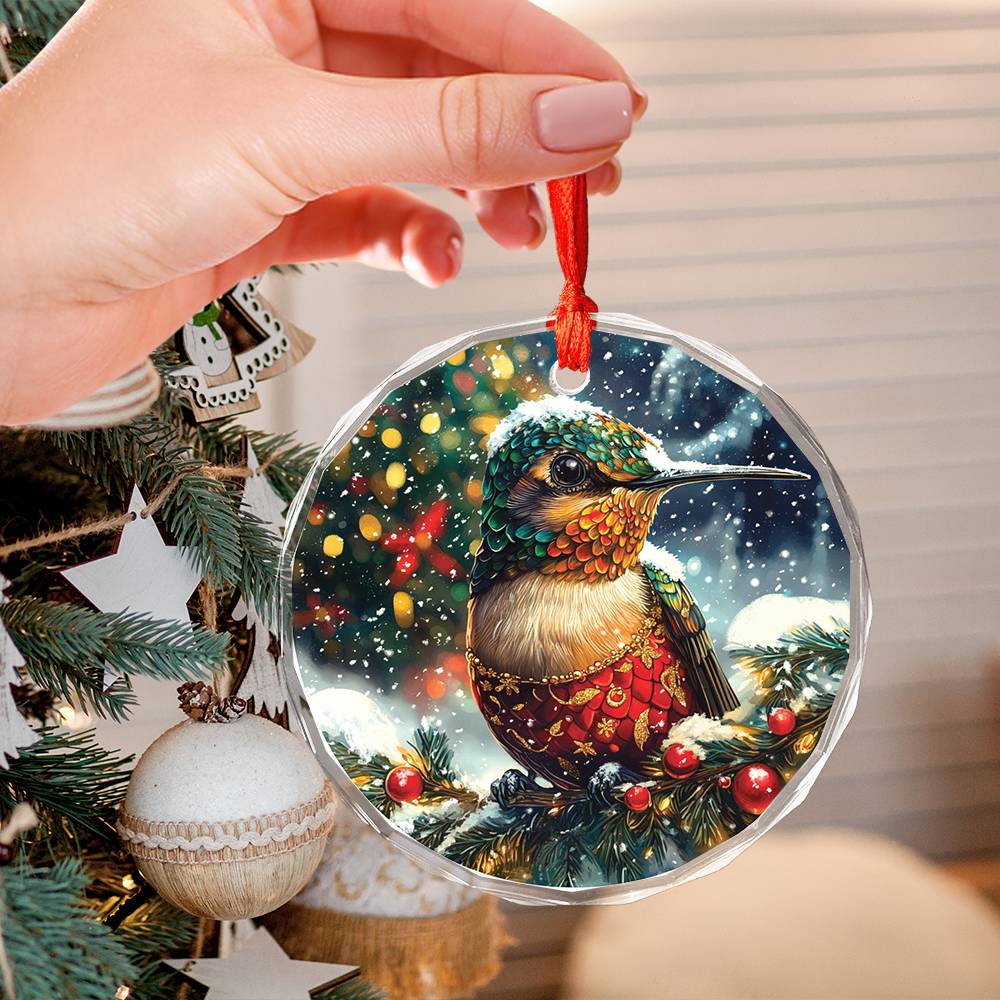 Beautiful Hummingbird Christmas Night Design 3 Glass Ornament