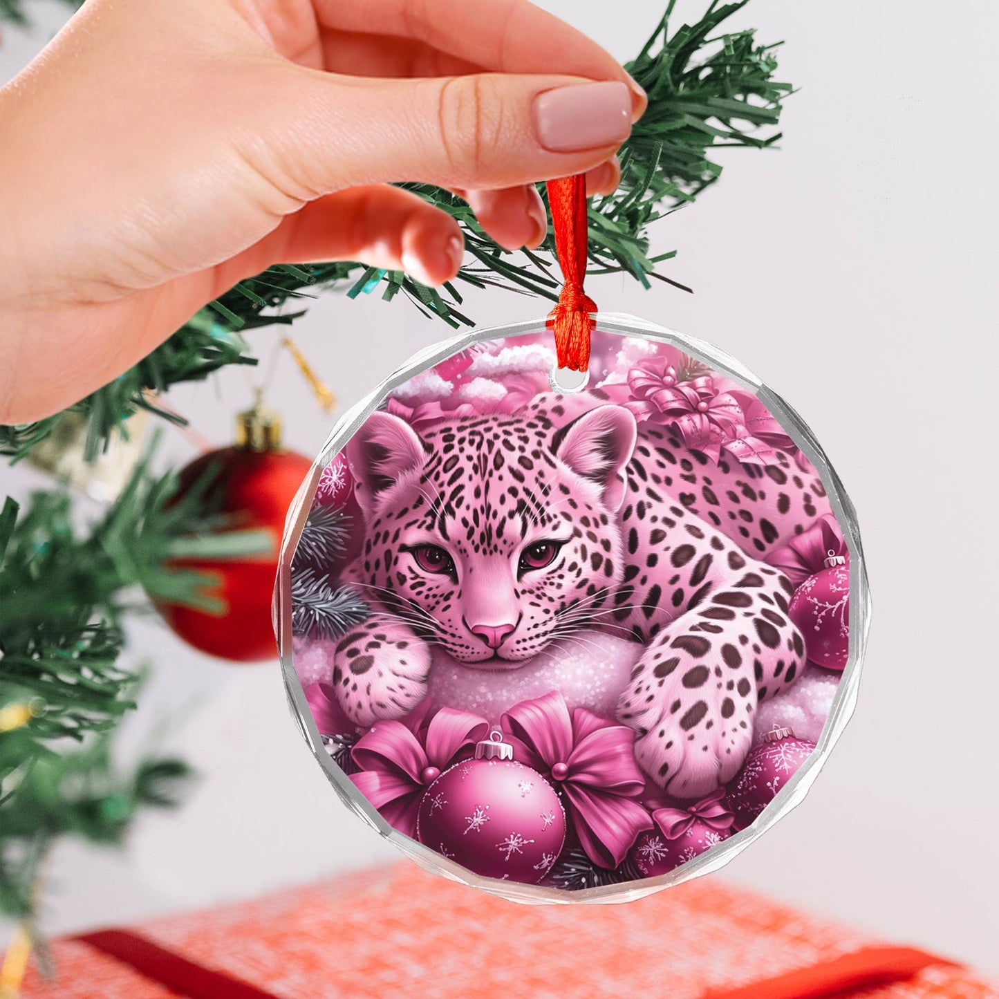 Leopard Pink Christmas Design 2 Glass Ornament