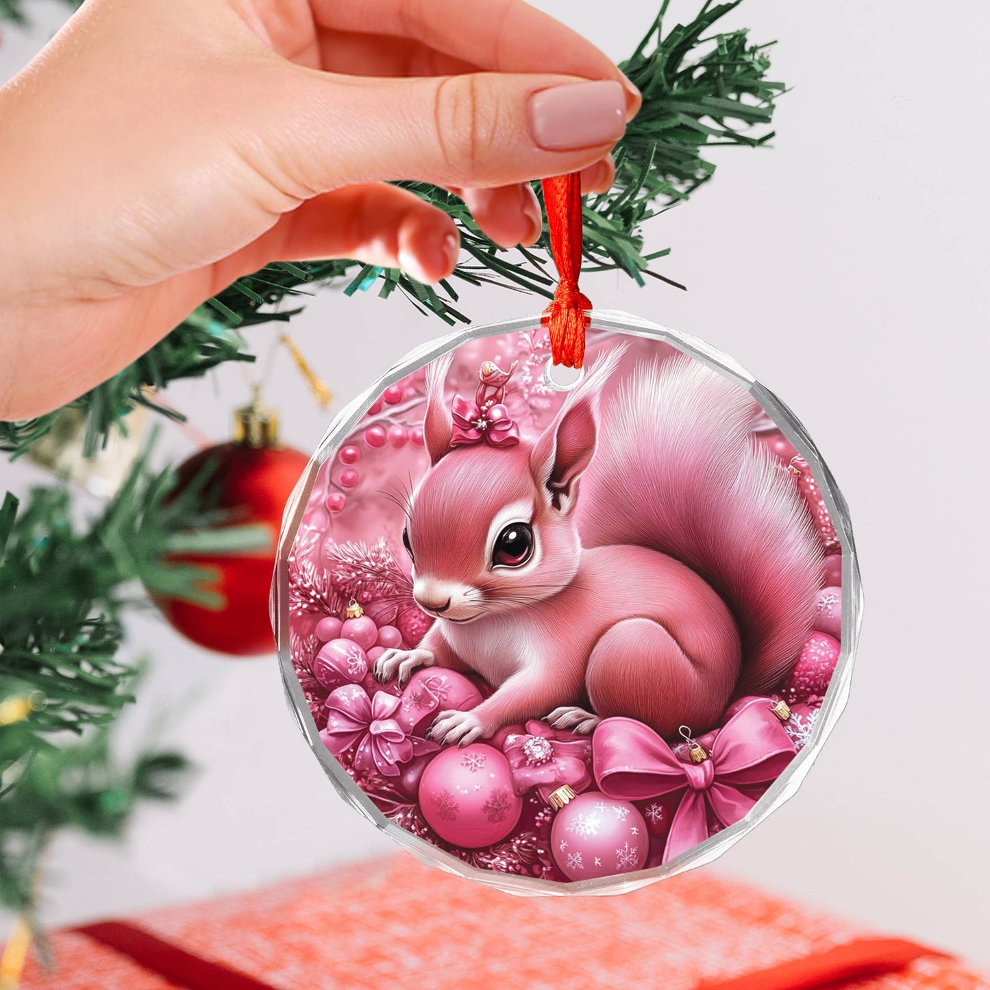 Squirrel Pink Christmas Design 3 Glass Ornament