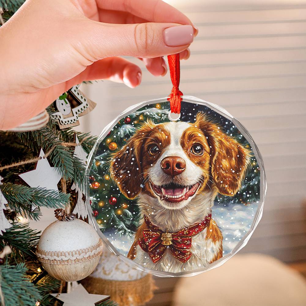 Beautiful Brittany Dog Christmas Night Design 3 Glass Ornament