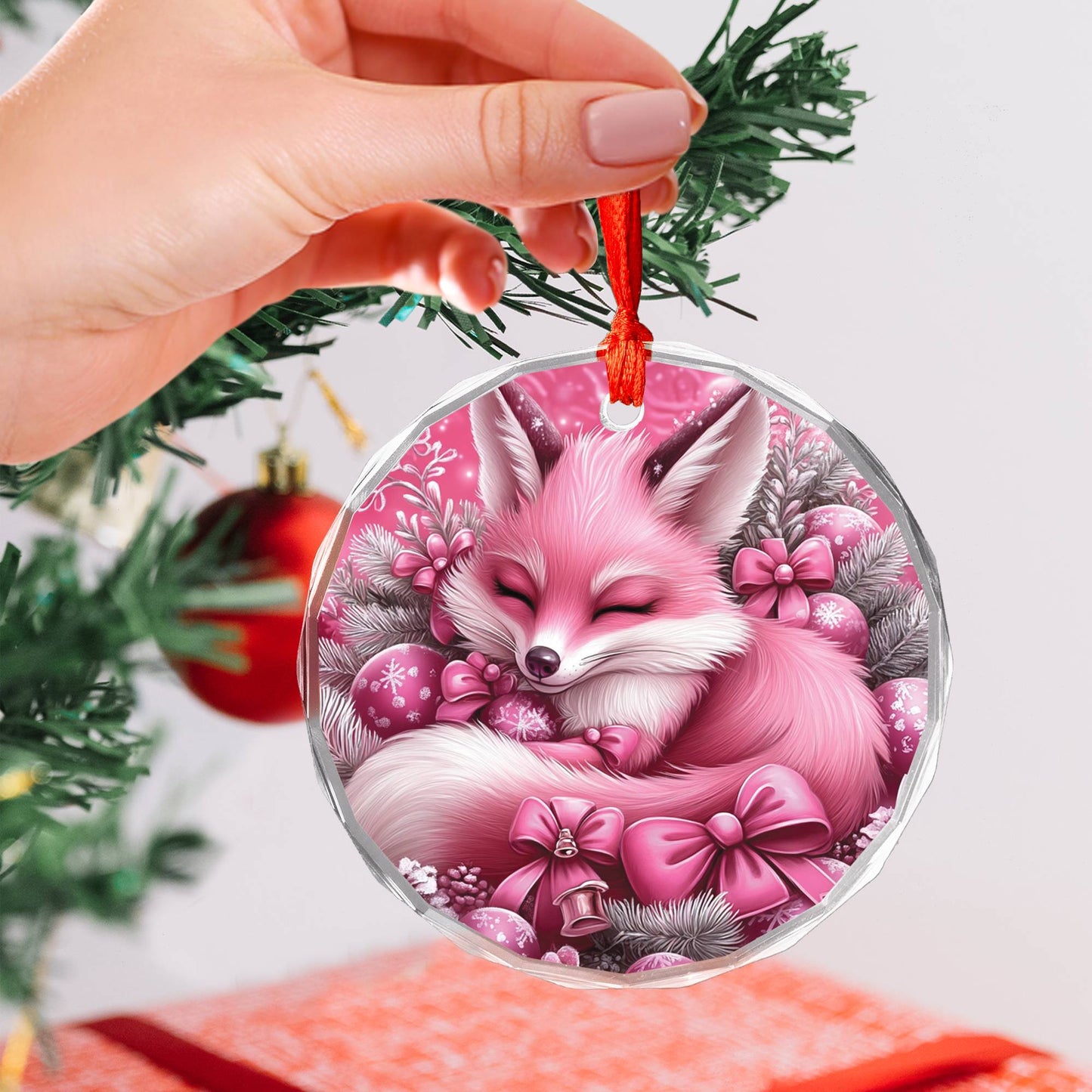 Fox Pink Christmas Design 3 Glass Ornament
