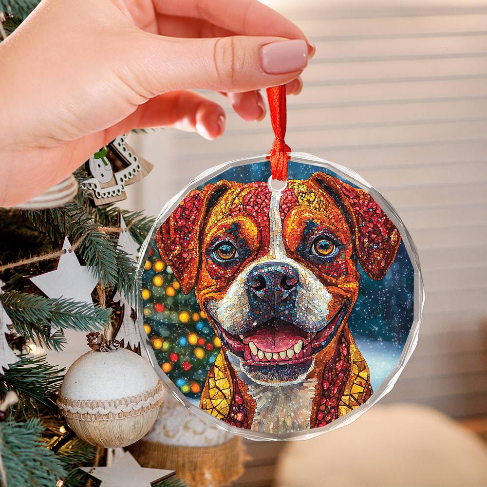 Beautiful Angus Boxer Dog Christmas Night Design 1 Glass Ornament