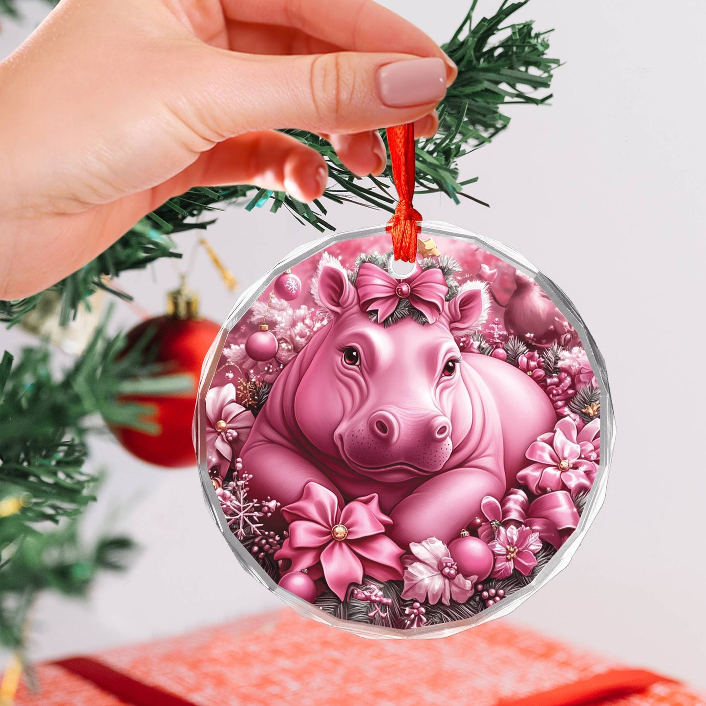 Hippo Pink Christmas Design 4 Glass Ornament