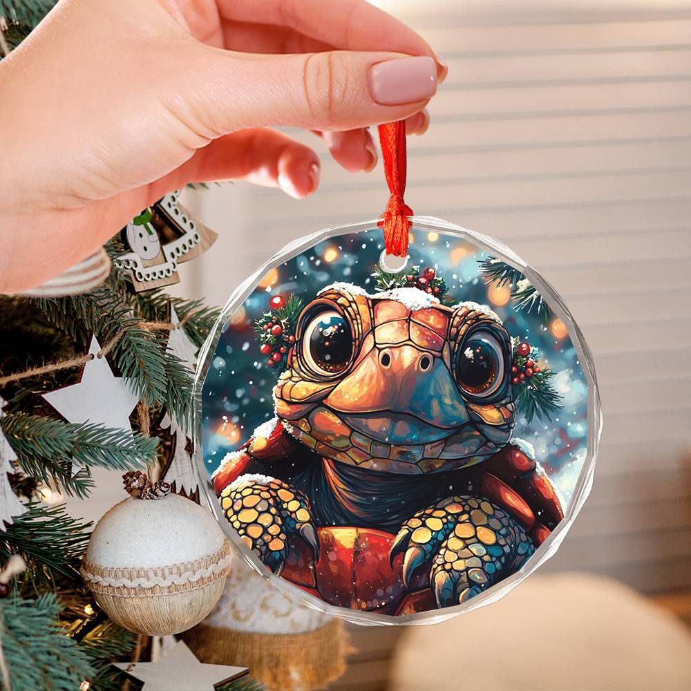 Beautiful Tortoise Christmas Night Design 3 Glass Ornament