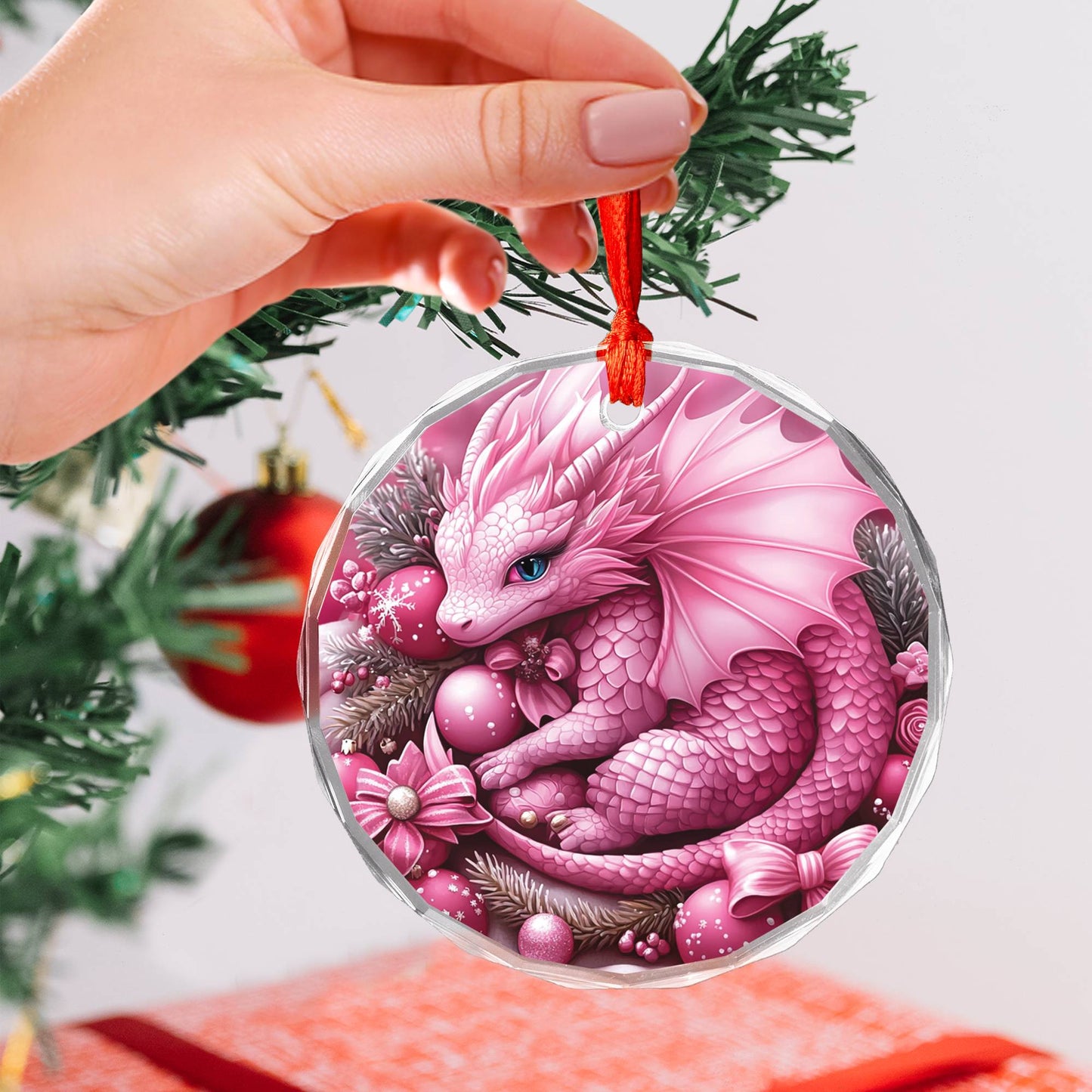 Dragon Pink Christmas Design 3 Glass Ornament