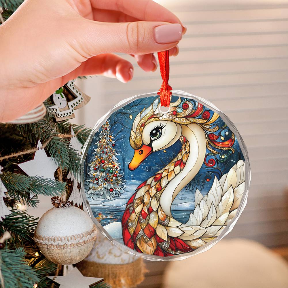 Beautiful Swan Christmas Night Design 4 Glass Ornament