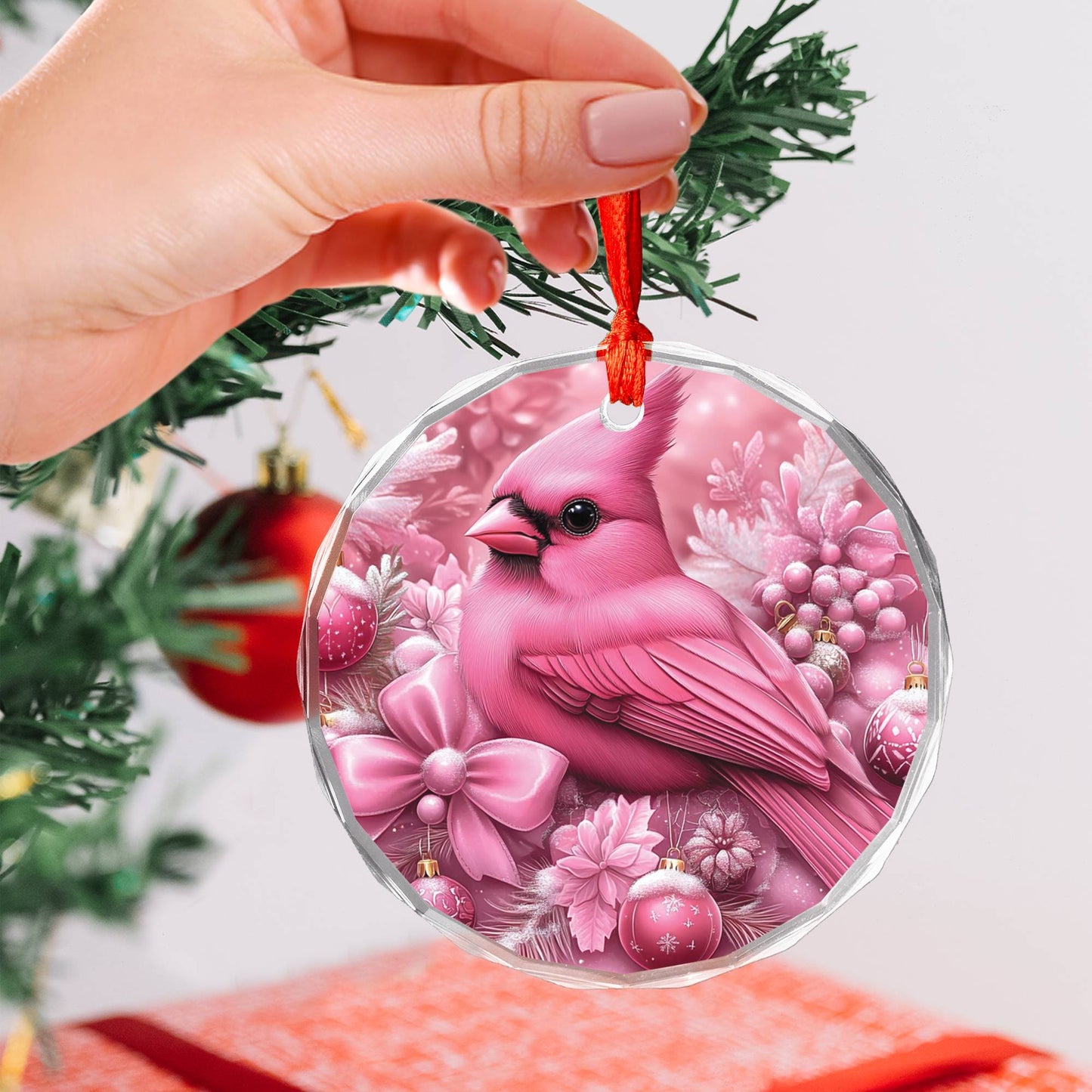 Cardinal Pink Christmas Design 4 Glass Ornament