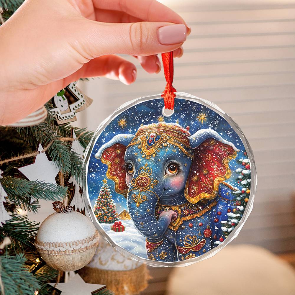 Beautiful Elephant Christmas Night Design 3 Glass Ornament