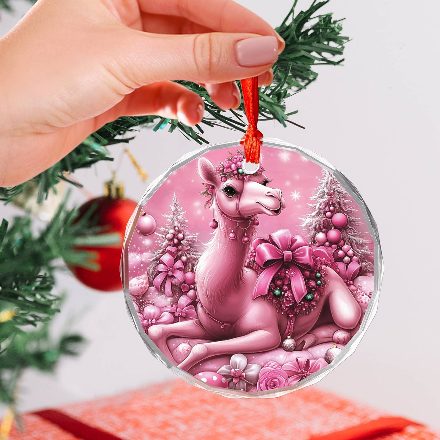 Camel Pink Christmas Design 3 Glass Ornament