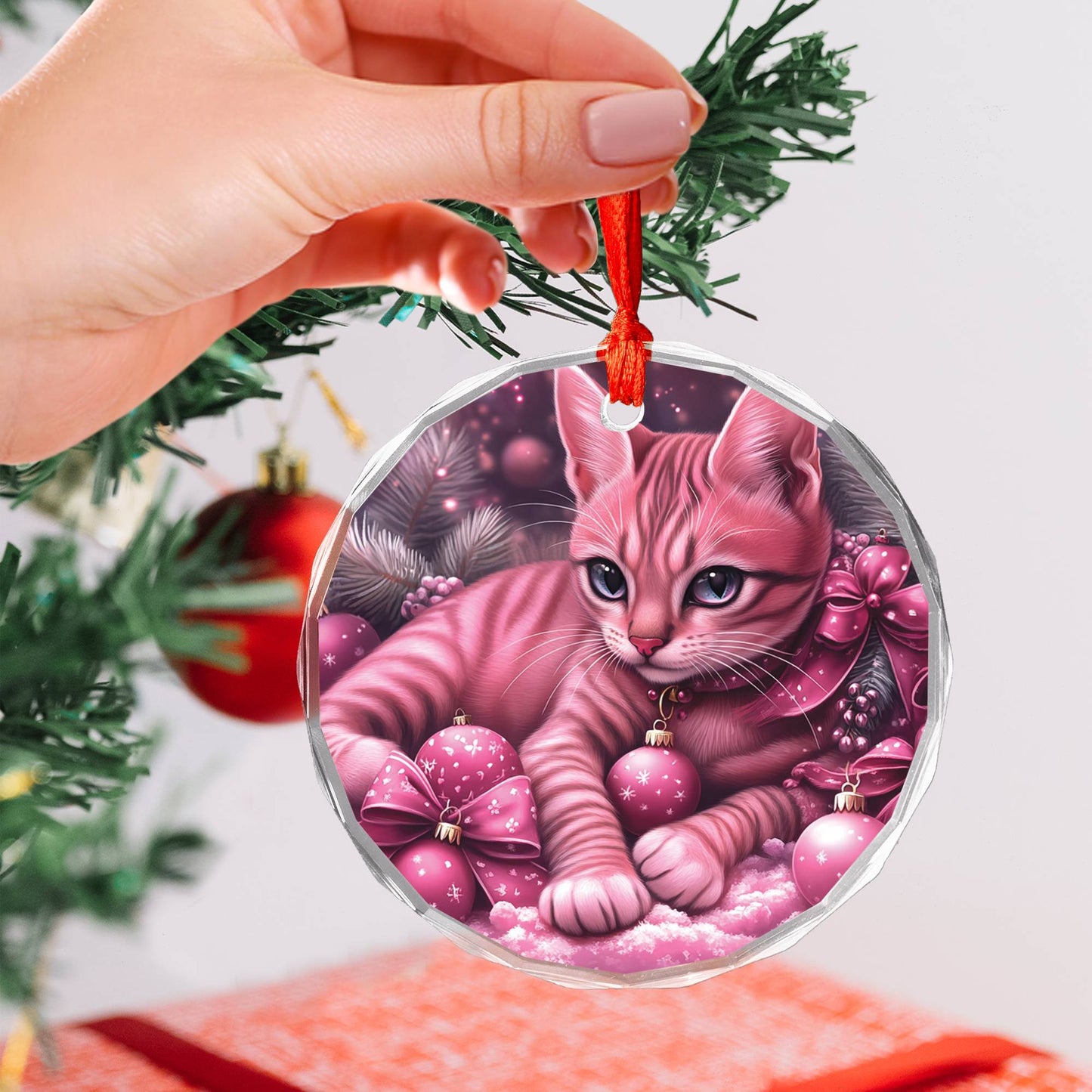Egyptian Mau Cat Pink Christmas Design 2 Glass Ornament