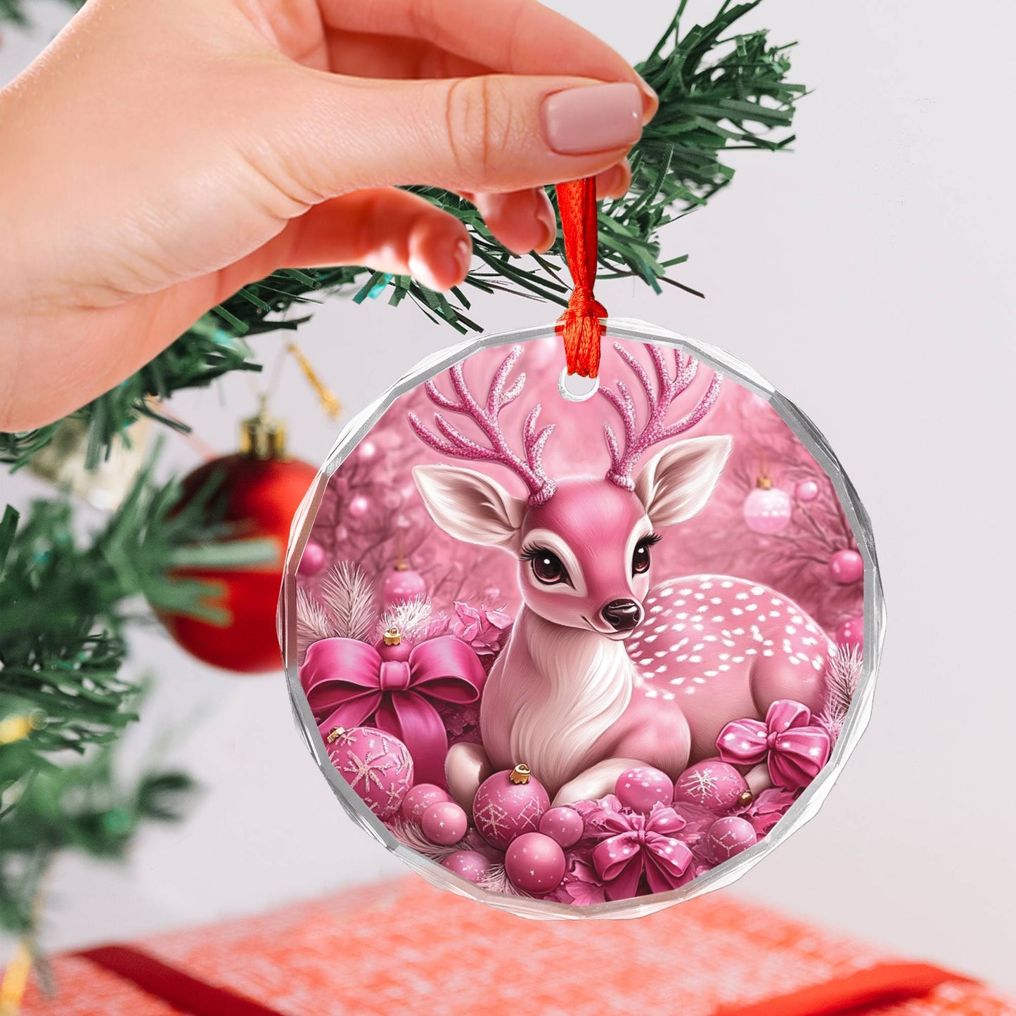 Deer Pink Christmas Design 2 Glass Ornament