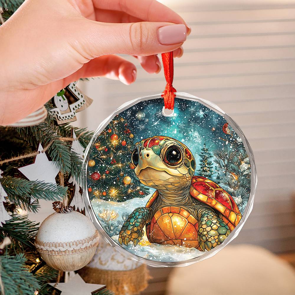 Beautiful Angus Turtle Christmas Night Design 1 Glass Ornament