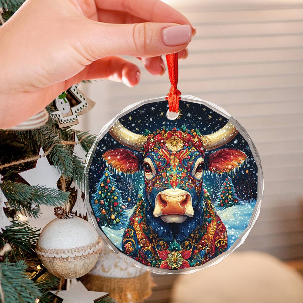 Beautiful Bull Christmas Night Design 2 Glass Ornament